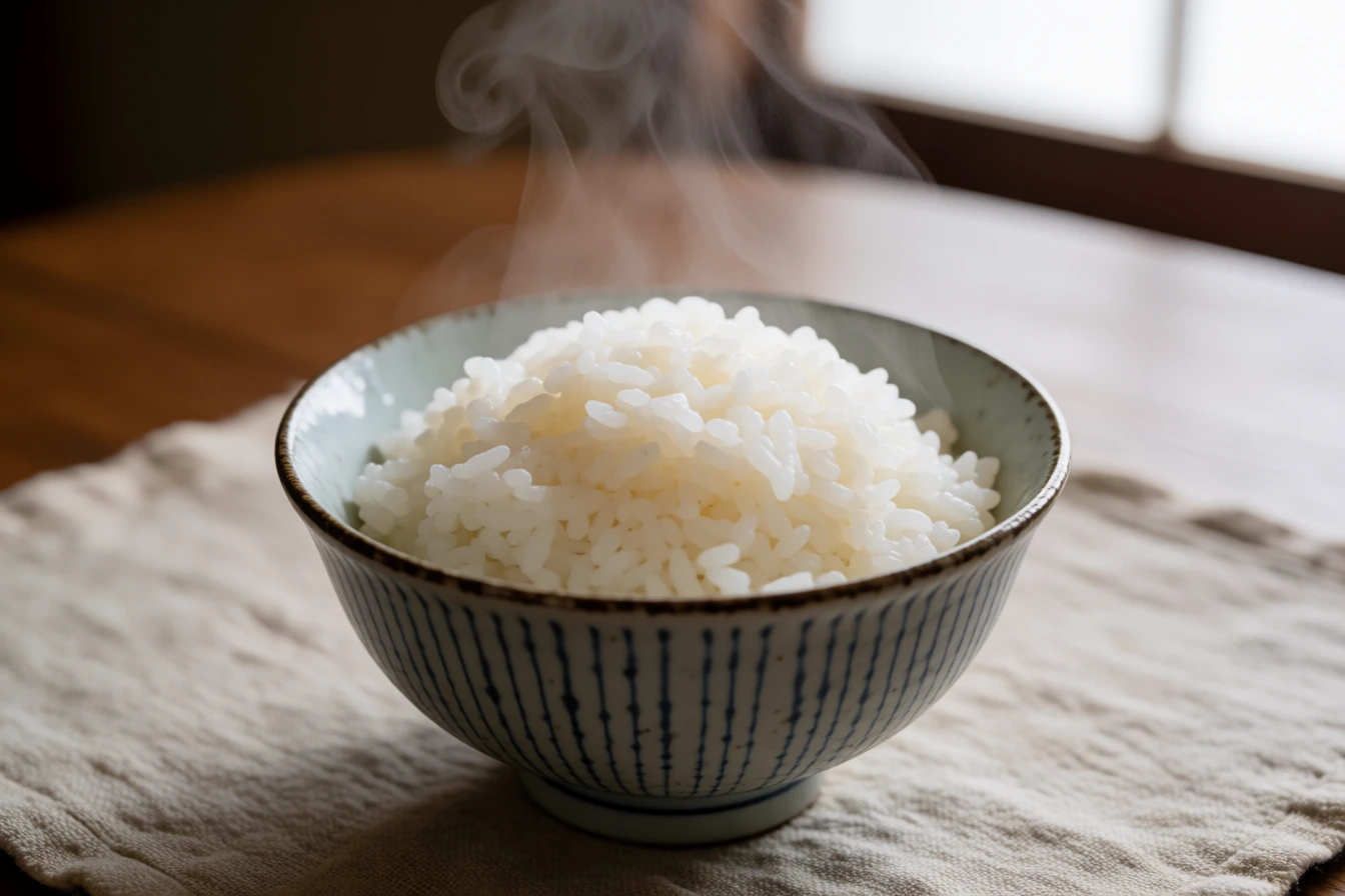 湯気の立つ、炊きたての白米を盛った茶碗。木の卓上、障子越しの柔らかい光の中に置かれている。