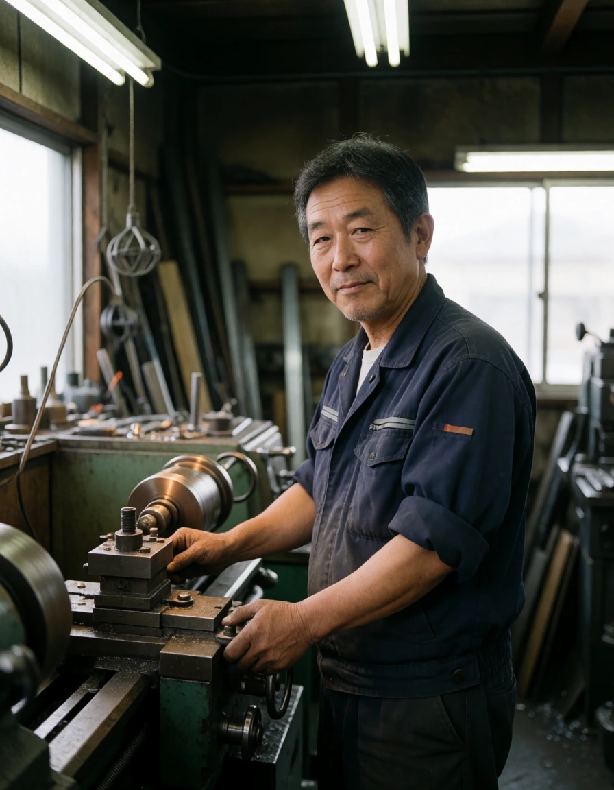 工場で機械の前に立つ、紺の作業着姿の男性社員。