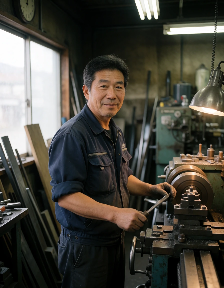 旋盤の前に立つ、紺の作業着を着た50代の男性職人。こちらを見て少し笑っている。