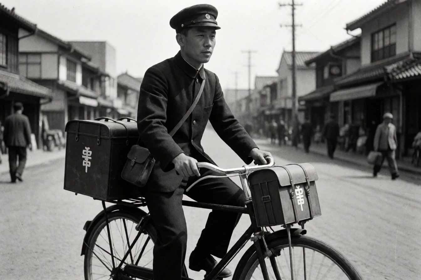 昭和期、制帽・詰襟の配達員が郵便行李を積んだ自転車にまたがり、商店の並ぶ土の道に立つ白黒写真。