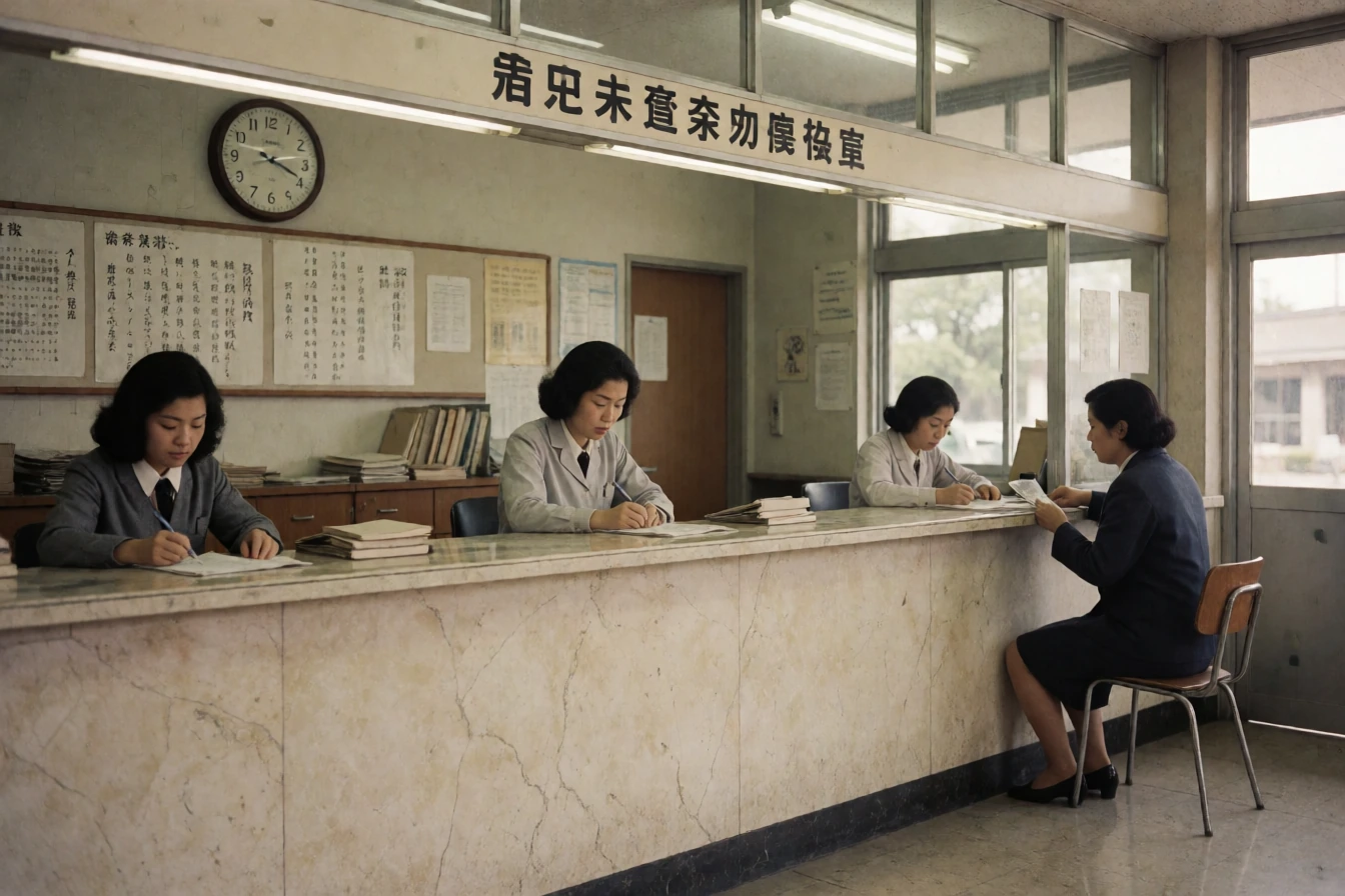 昭和期の郵便局内。大理石調のカウンターの内側で制服の女性職員が事務をとり、壁の丸時計と掲示の下で客が手続きを待つ、色あせた写真。