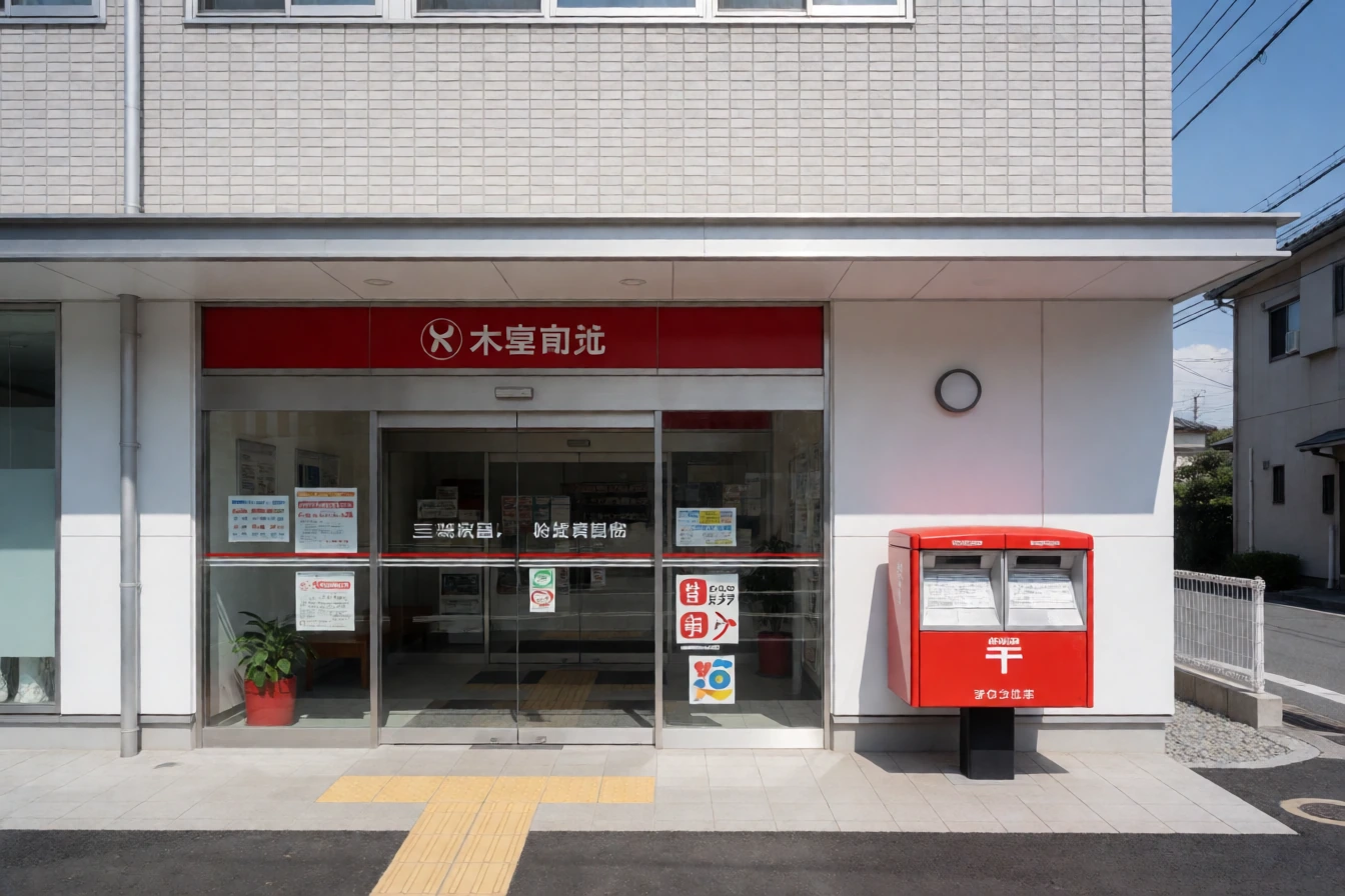 現代の郵便局の外観。白いタイル張りの局舎に赤い庇と自動ドア、脇に二口の赤いポストが立つ、晴天の写真。